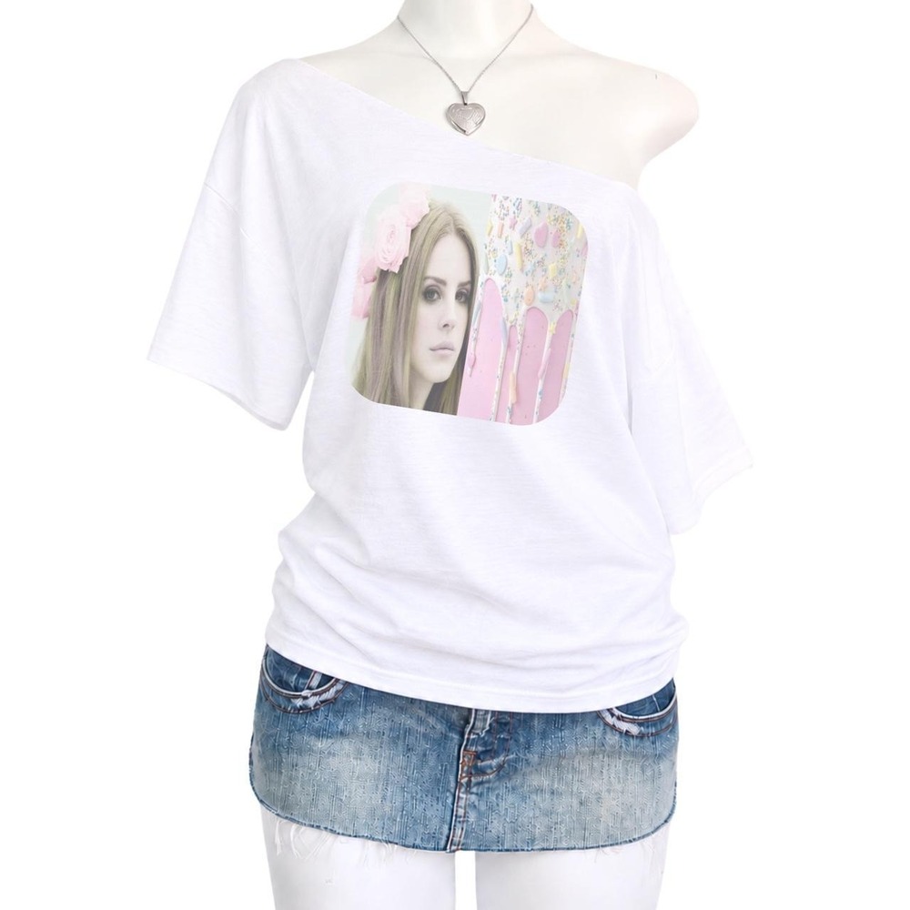 y2k lana del rey graphic white oversized off shoulder t shirt